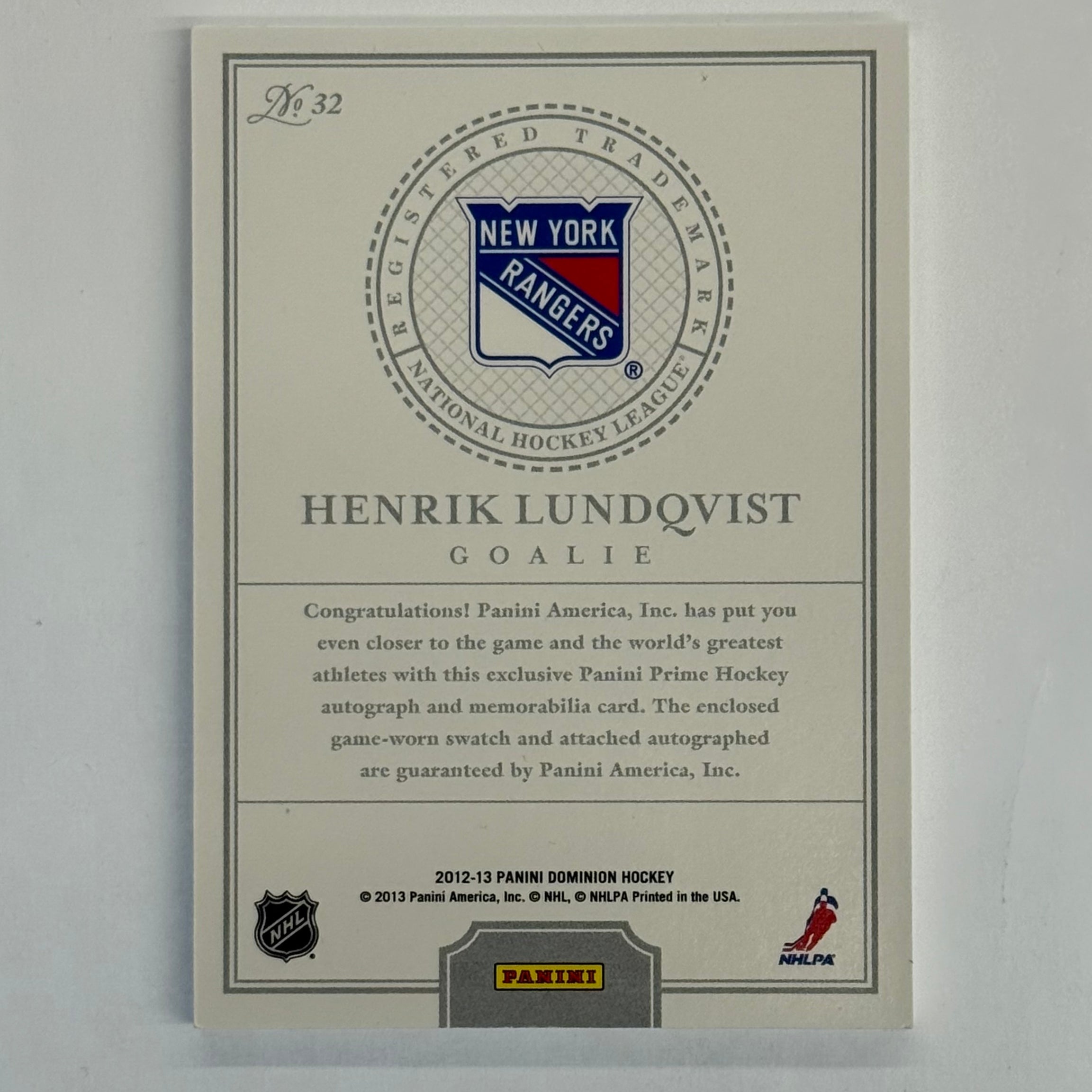 2012-13 Panini Dominion Hockey Henrik Lundqvist Patch Autograph Card #32 Gold Numbered 05/25
