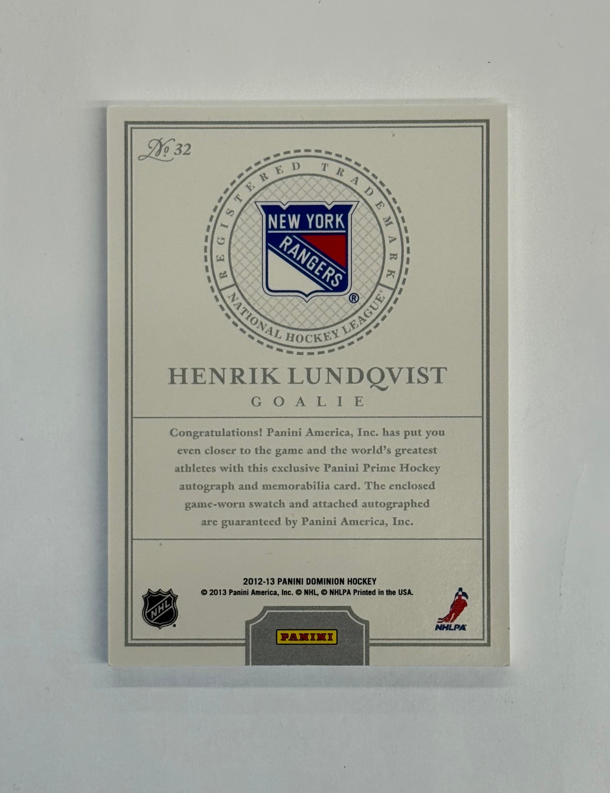2012-13 Panini Dominion Hockey Henrik Lundqvist Patch Autograph Card #32 Gold Numbered 05/25