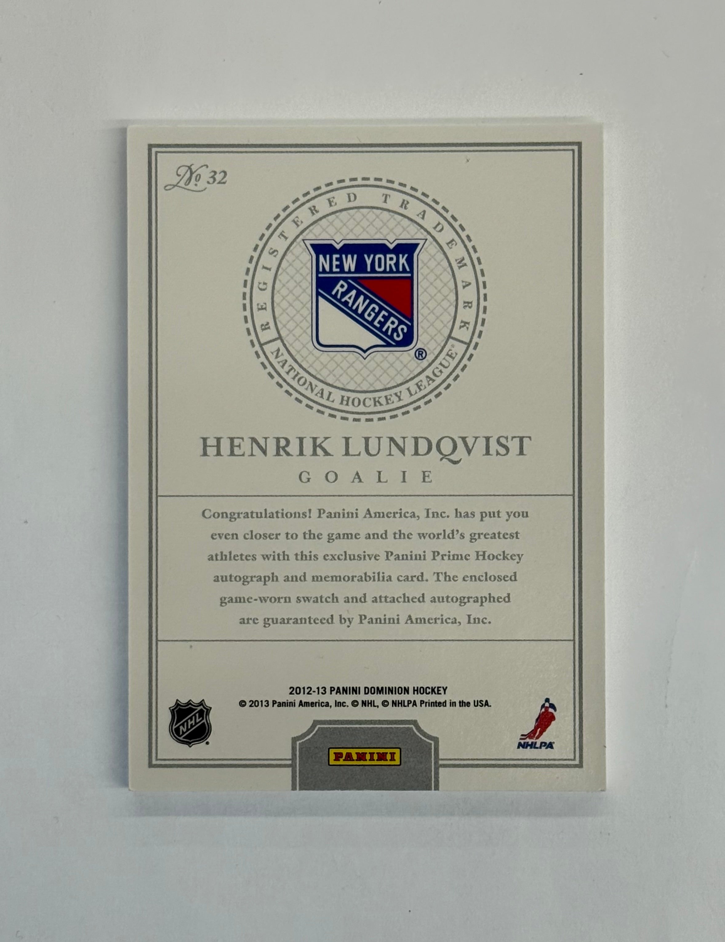 2012-13 Panini Dominion Hockey Henrik Lundqvist Patch Autograph Card #32 Gold Numbered 05/25