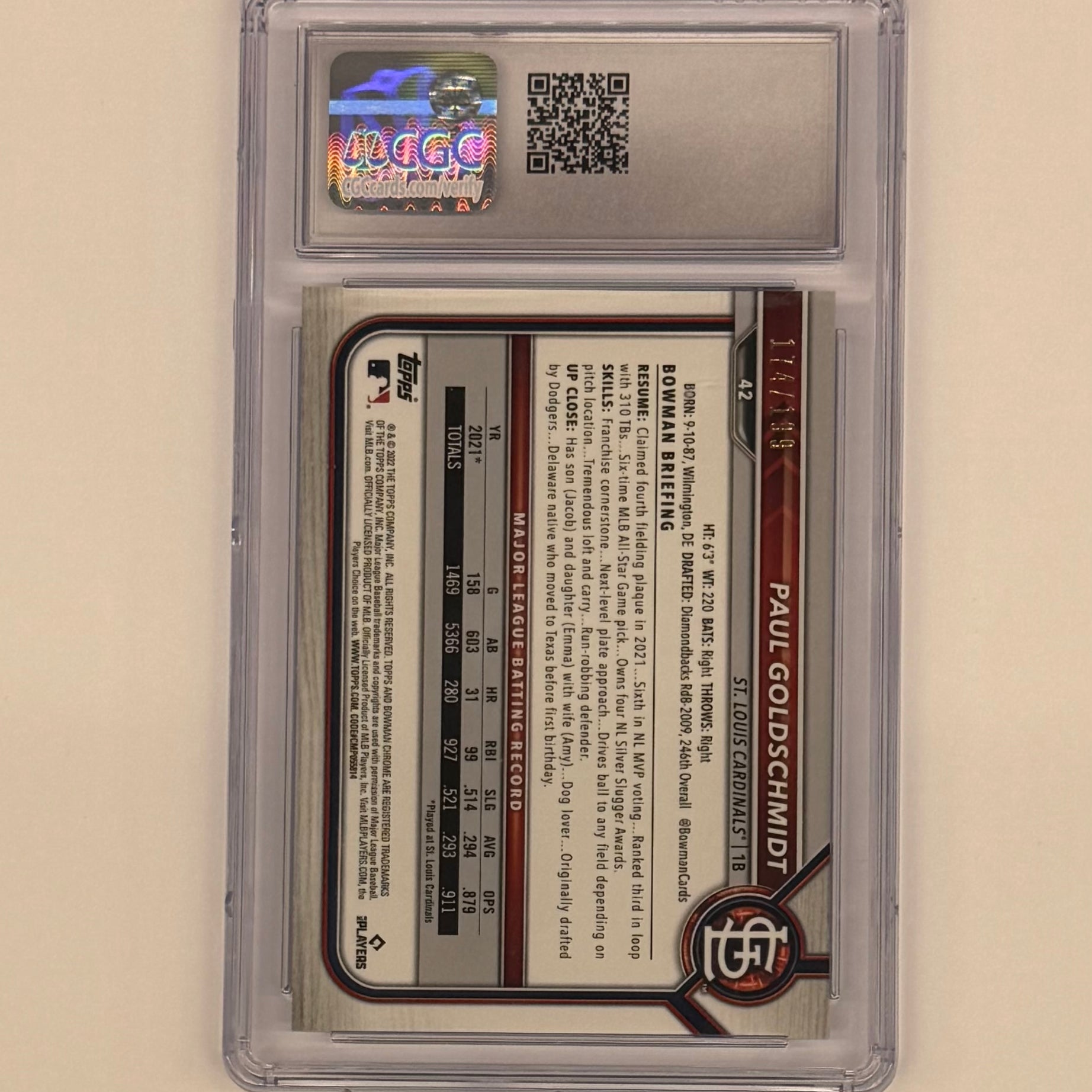 2022 Bowman Chrome CGC 10 GEM MINT Paul Goldschmidt #42 B&W Mini Diamond Refractor Numbered 174/199