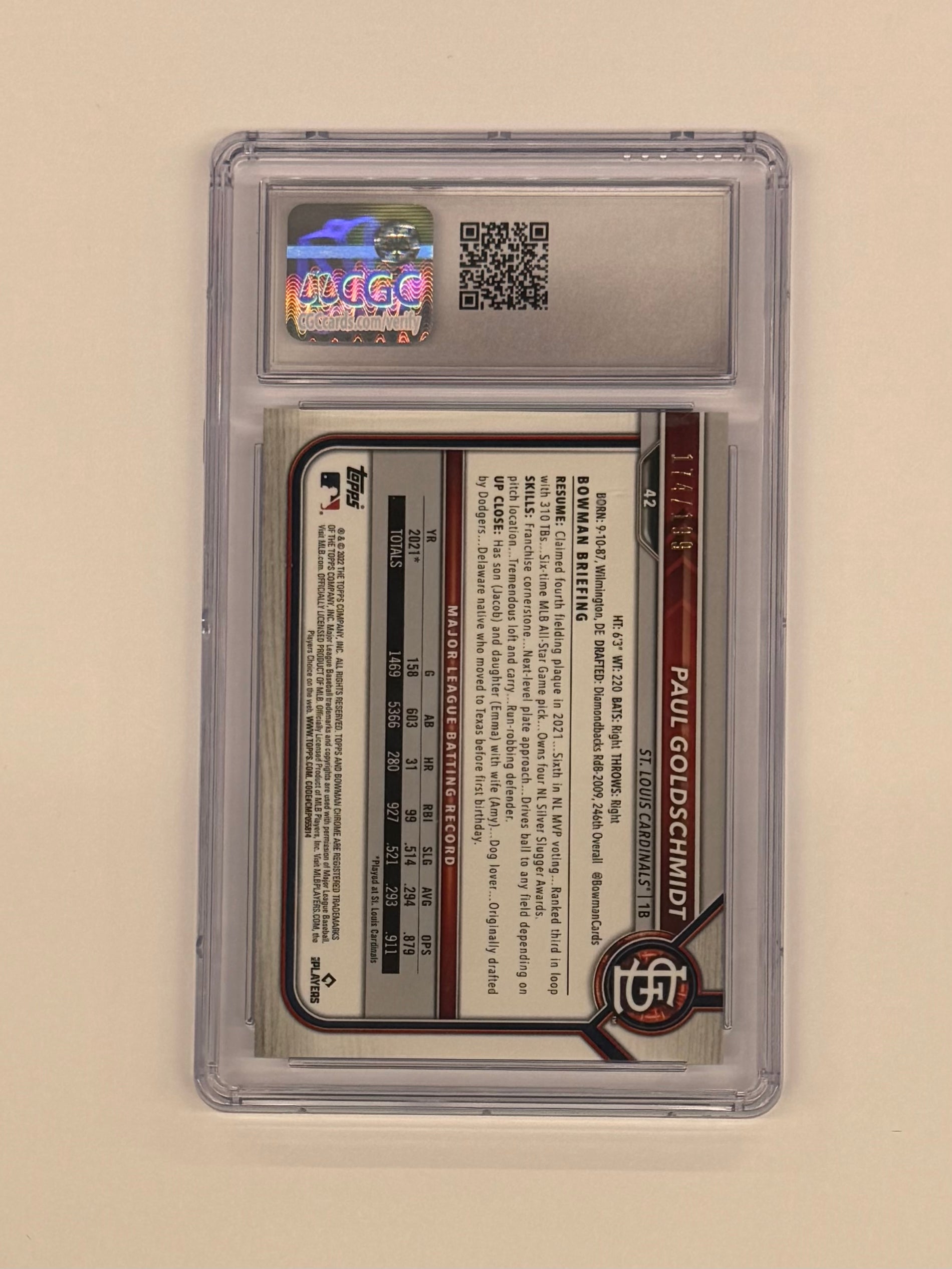 2022 Bowman Chrome CGC 10 GEM MINT Paul Goldschmidt #42 B&W Mini Diamond Refractor Numbered 174/199