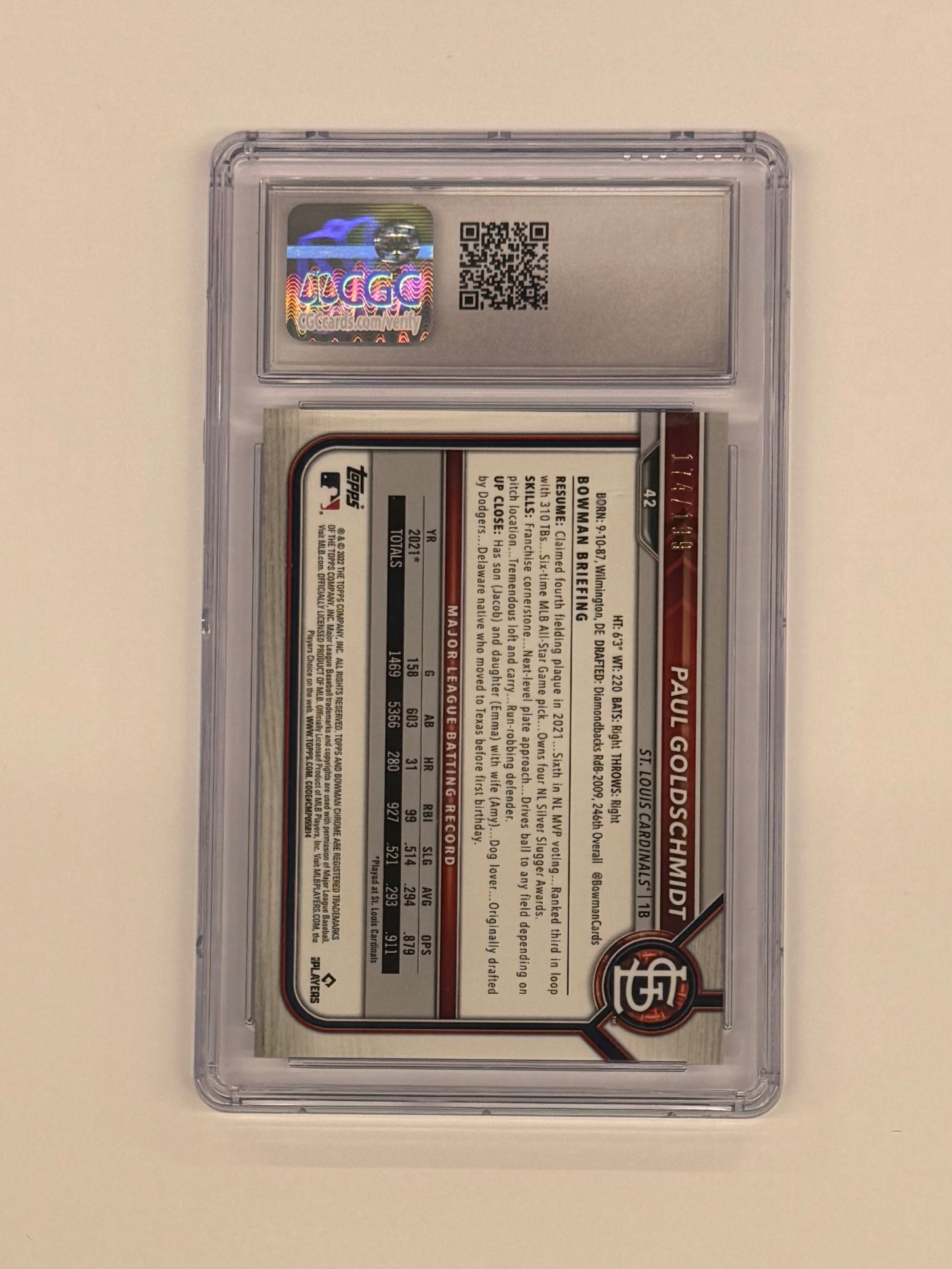 2022 Bowman Chrome CGC 10 GEM MINT Paul Goldschmidt #42 B&W Mini Diamond Refractor Numbered 174/199