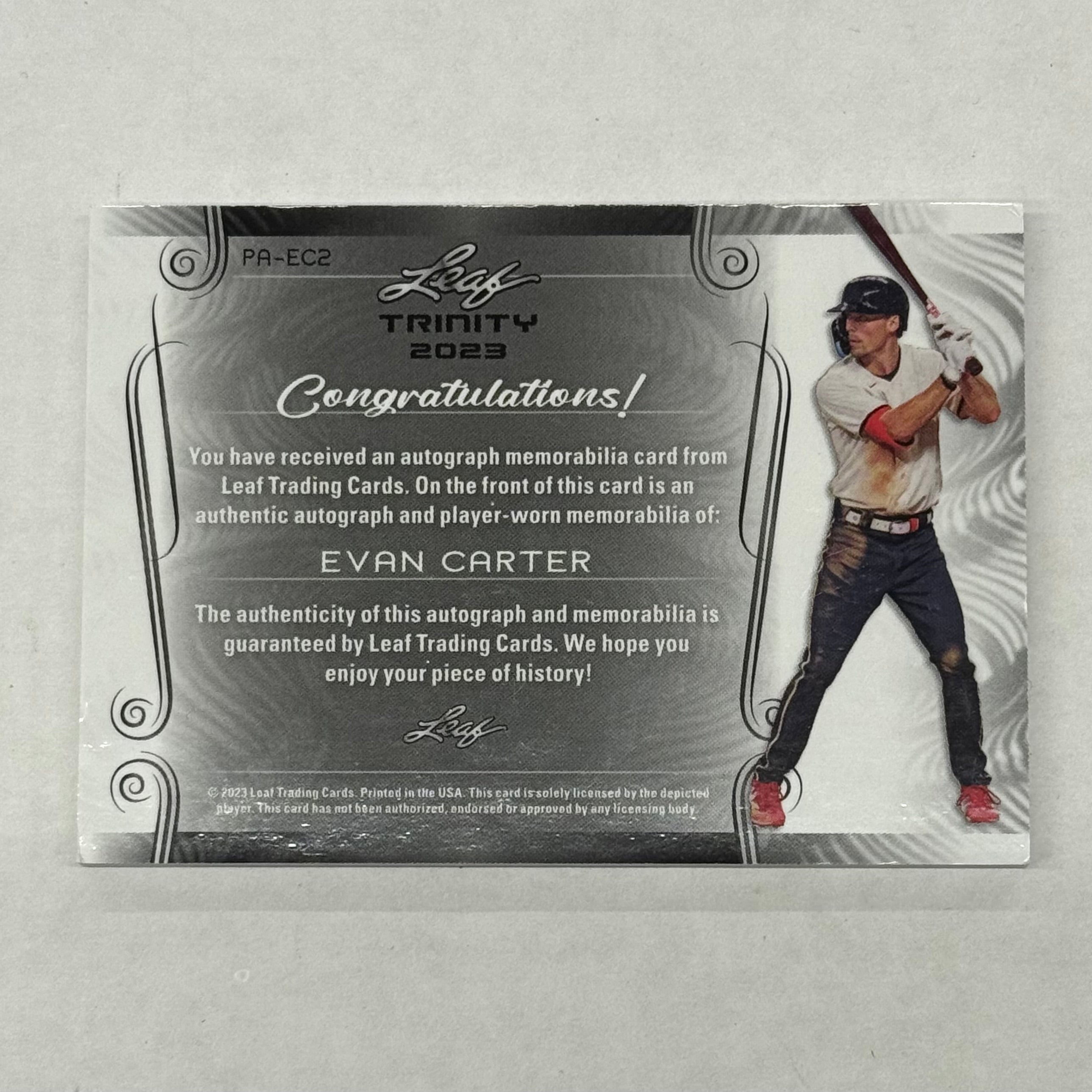 2023 Leaf Evan Carter Patch Autograph Card #PA-EC2 Aqua Numbered 9/49