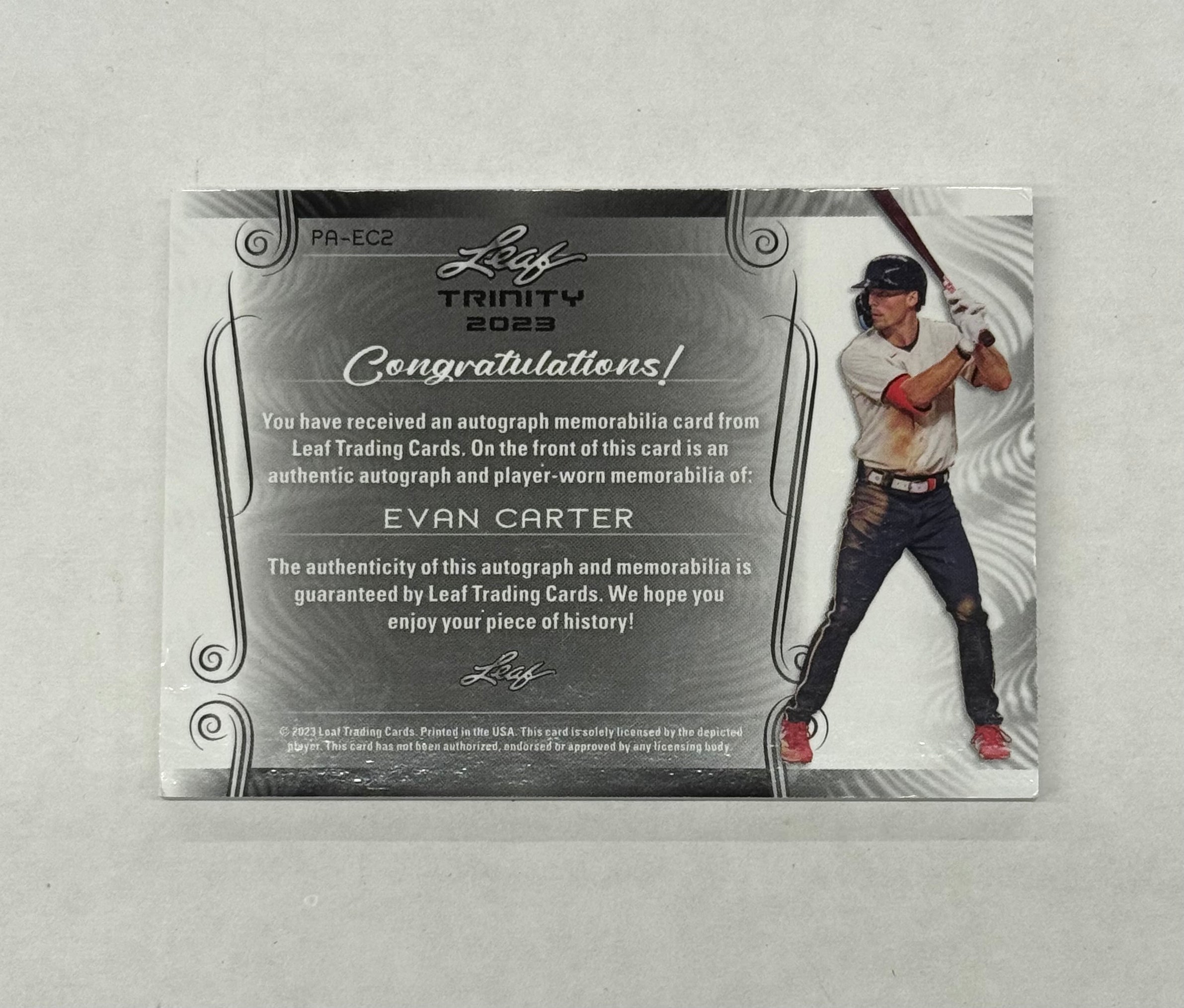 2023 Leaf Evan Carter Patch Autograph Card #PA-EC2 Aqua Numbered 9/49