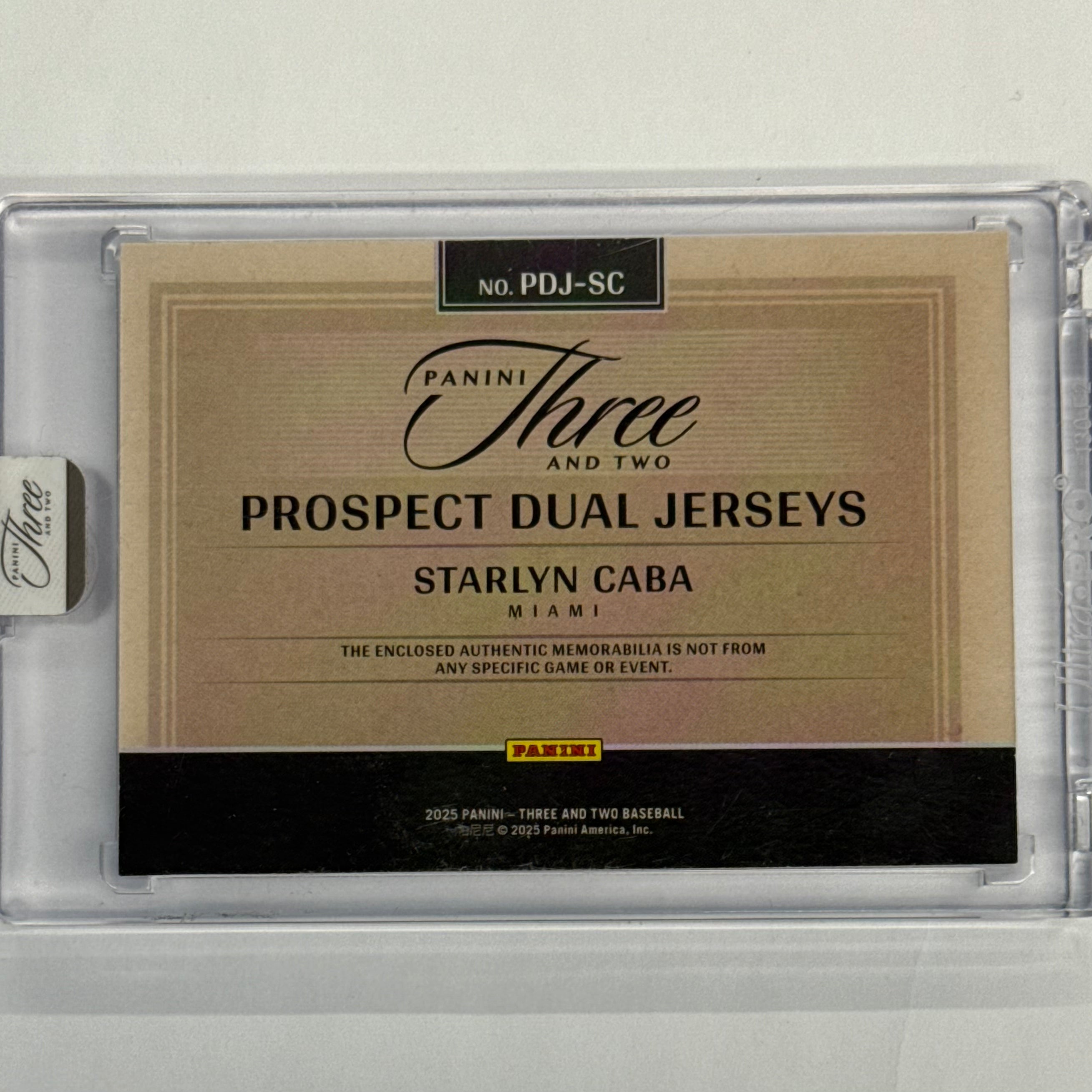 2025 Panini Three And Two Starlyn Caba Prospect Dual Jerseys #PDJ-SC Purple Numbered 11/32