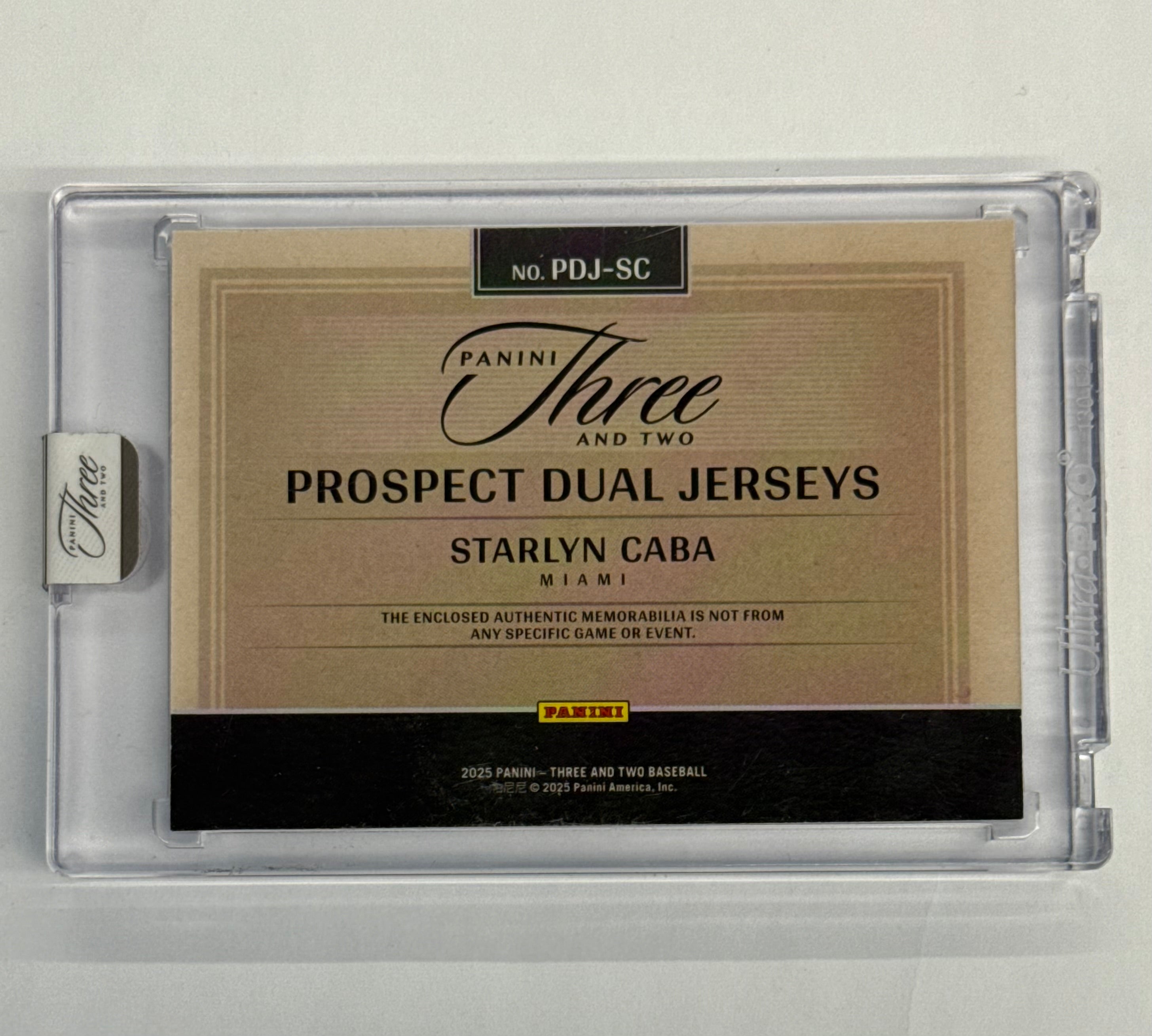 2025 Panini Three And Two Starlyn Caba Prospect Dual Jerseys #PDJ-SC Purple Numbered 11/32