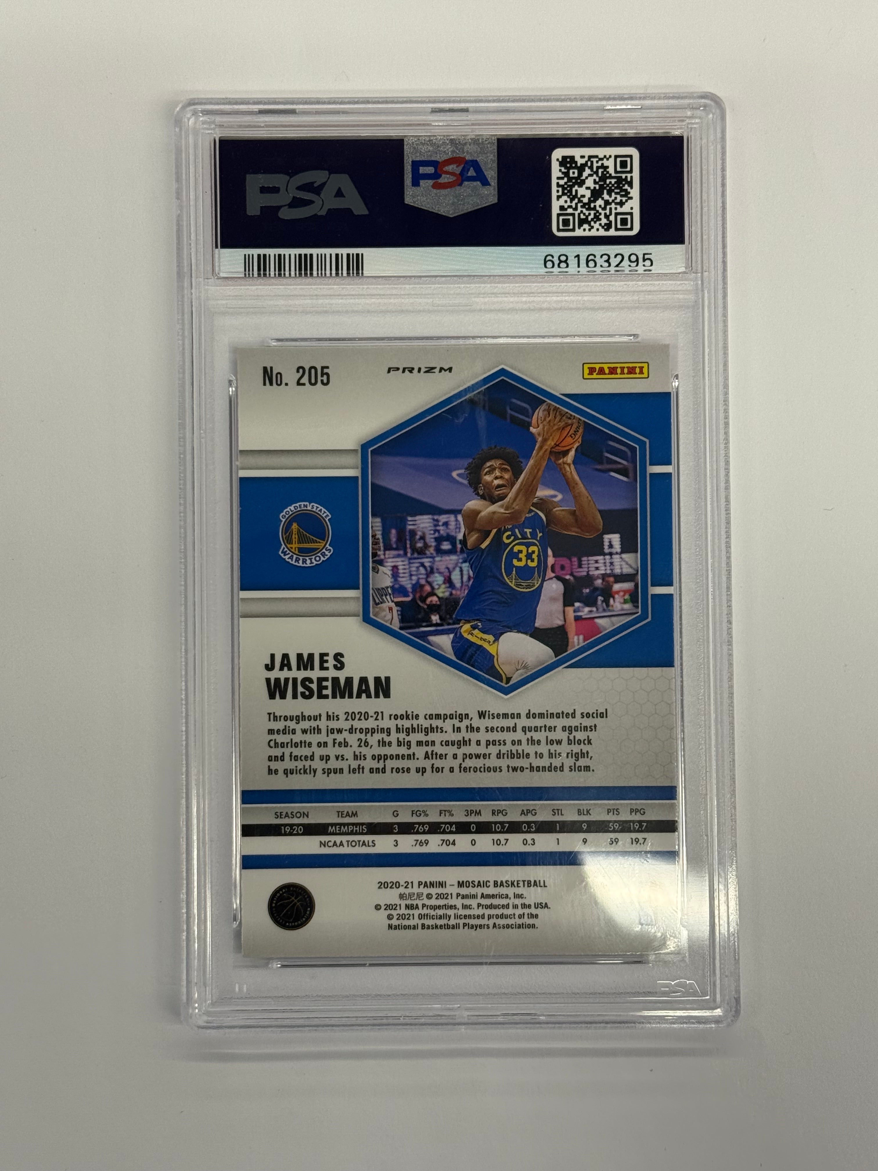 2020 Mosaic PSA 10 GEM MT James Wiseman #205 Camo Pink