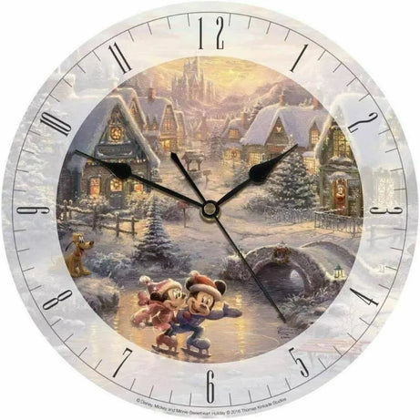 Thomas Kinkade Disney Mickey and Minnie Sweetheart Holiday Glass Wall Clock