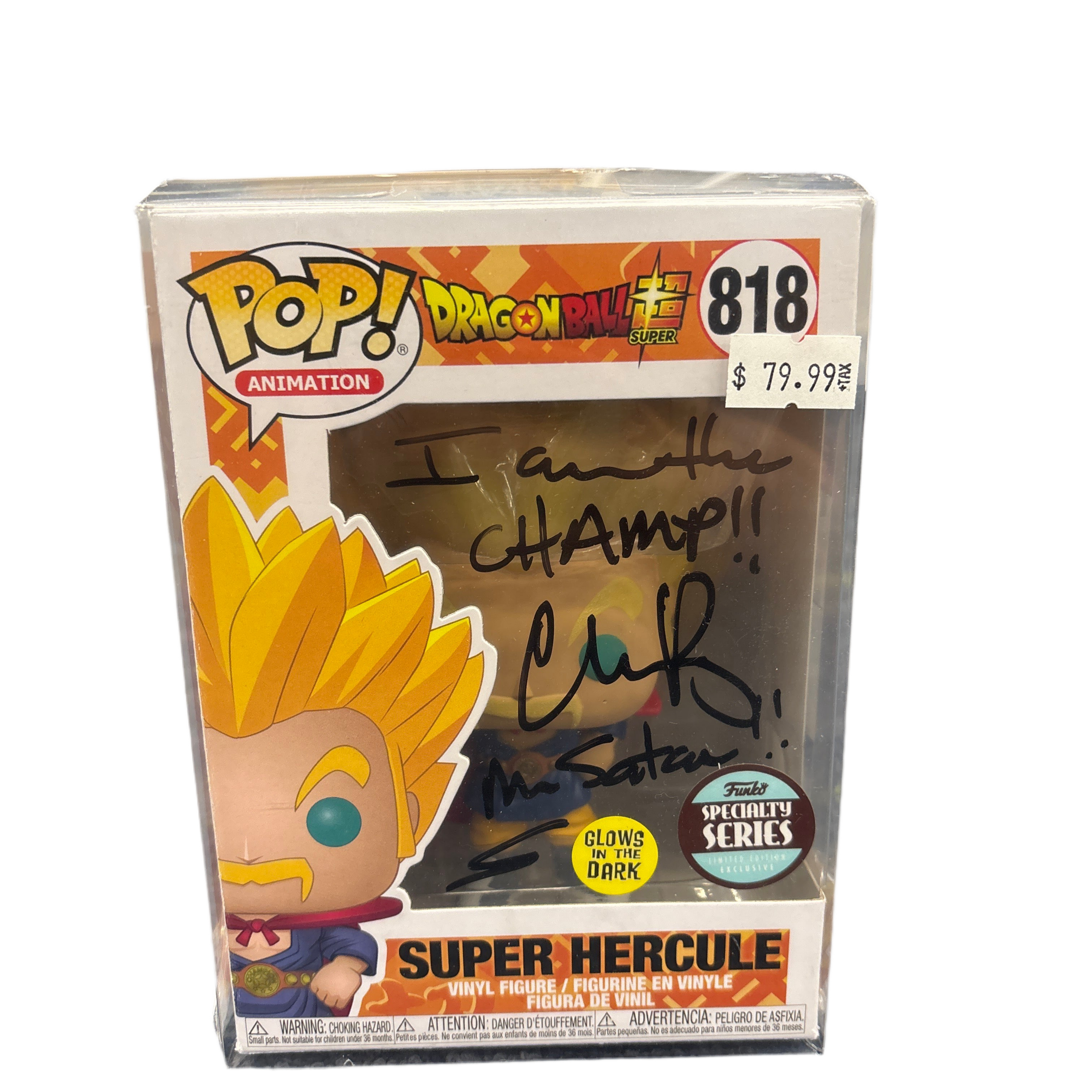 SIGNED/INSCRIBED Funko Pop! Animation Dragon Ball Super Super Hercule Funko Specialty Series GITD #818