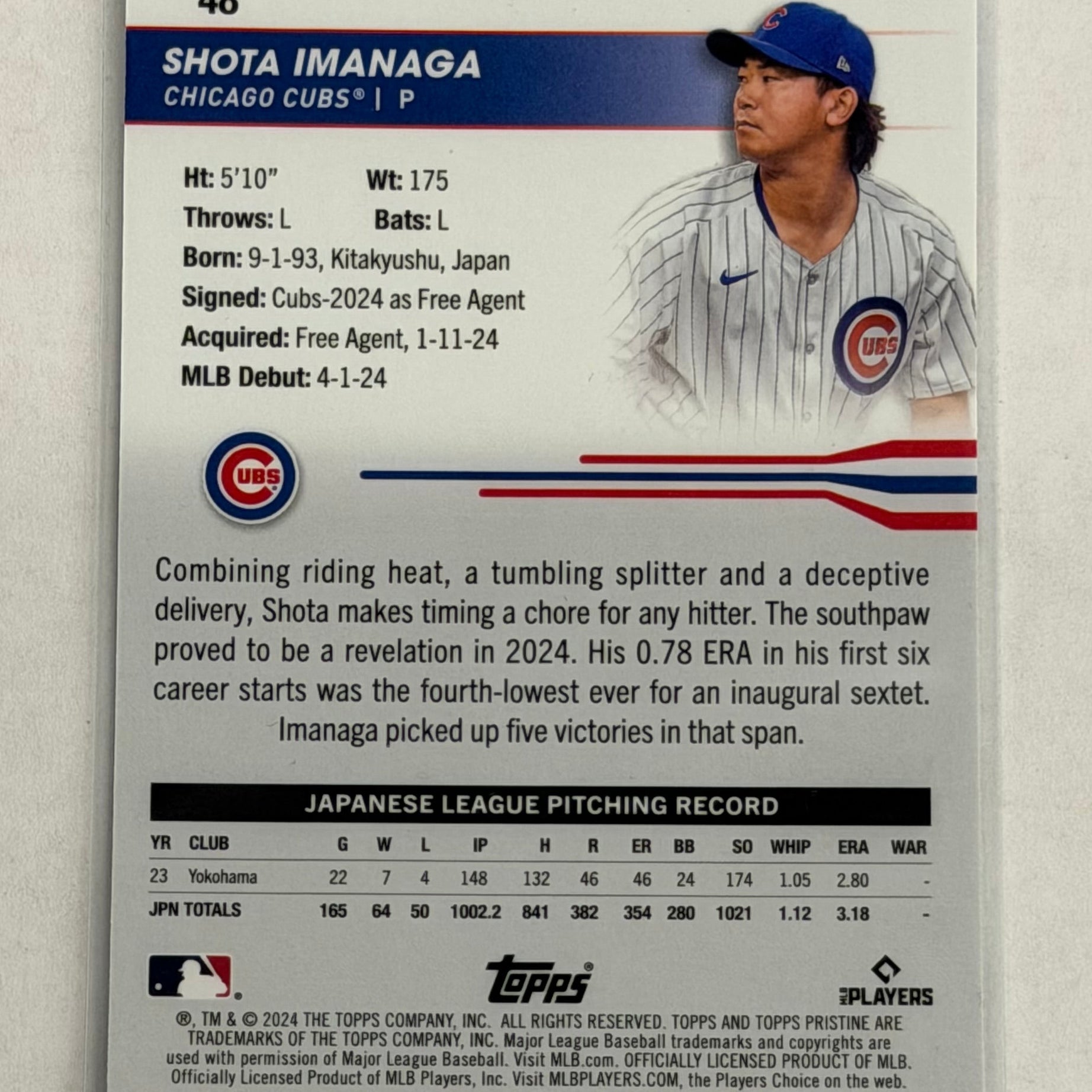 2024 Topps Pristine Baseball Shota Imanaga #48 Blue Refractor Numbered 35/75