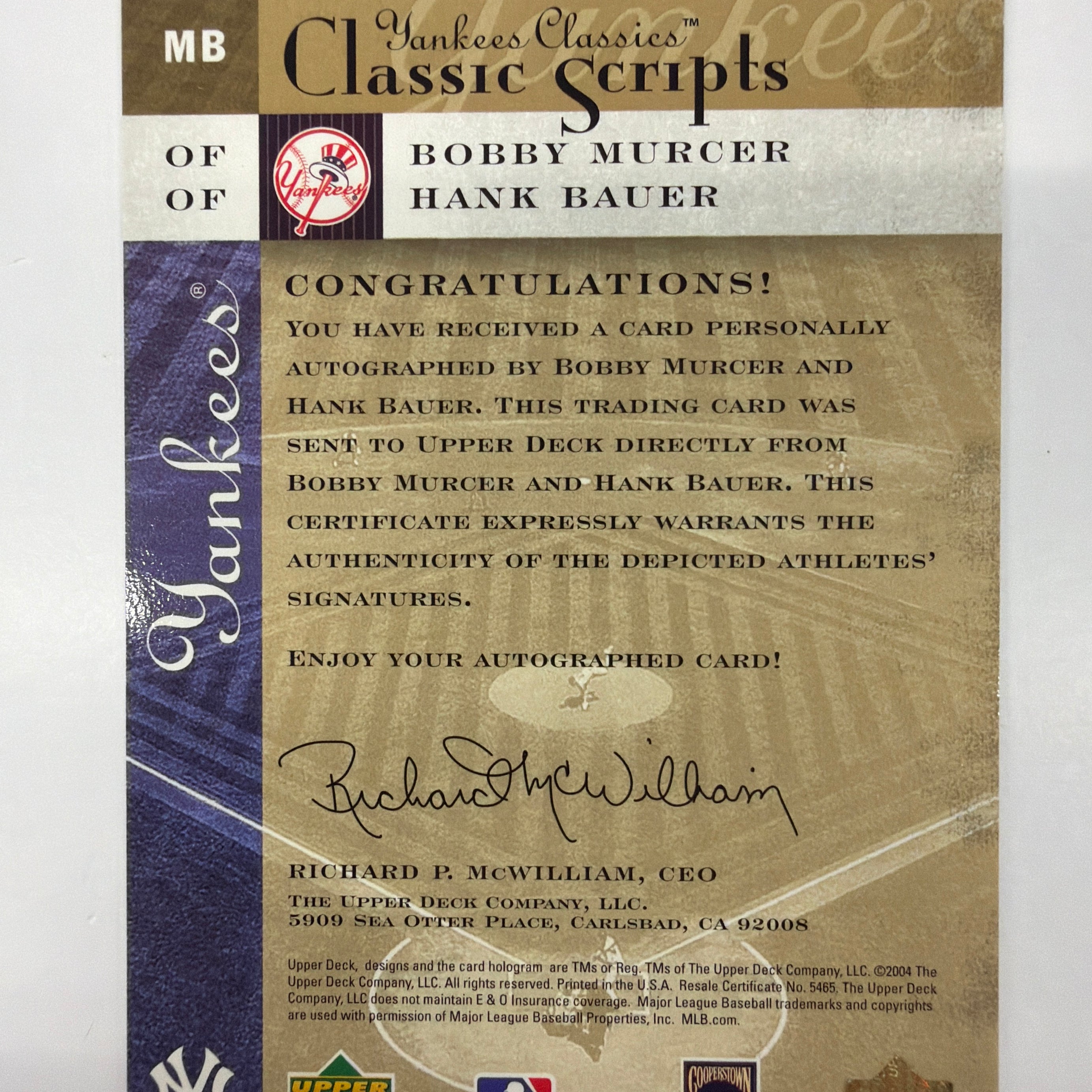 2004 Upper Deck Yankees Classics Classic Scripts 2 Bobby Murcer & Hank Bauer Dual Autograph 097/100