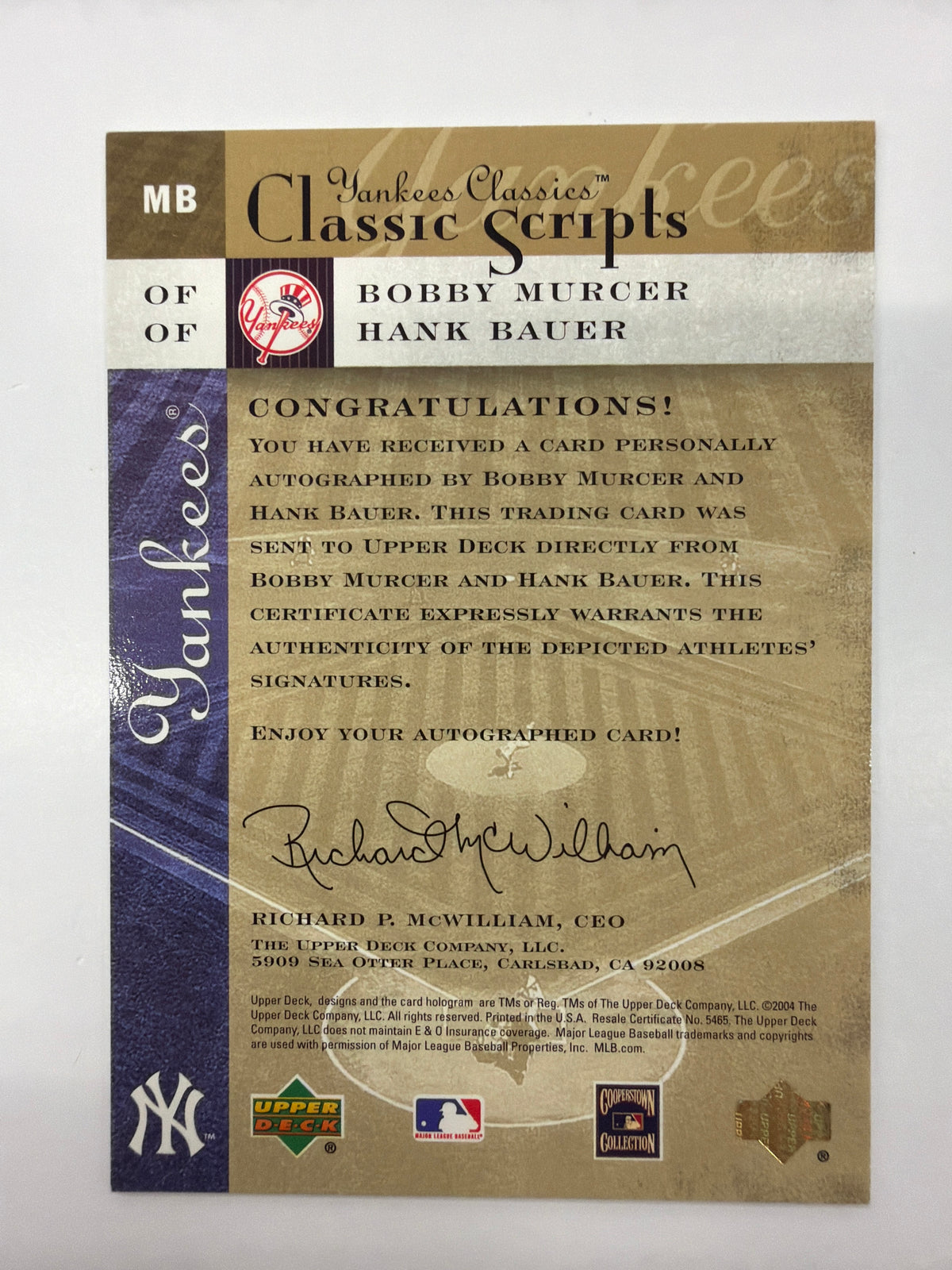 2004 Upper Deck Yankees Classics Classic Scripts 2 Bobby Murcer & Hank Bauer Dual Autograph 097/100