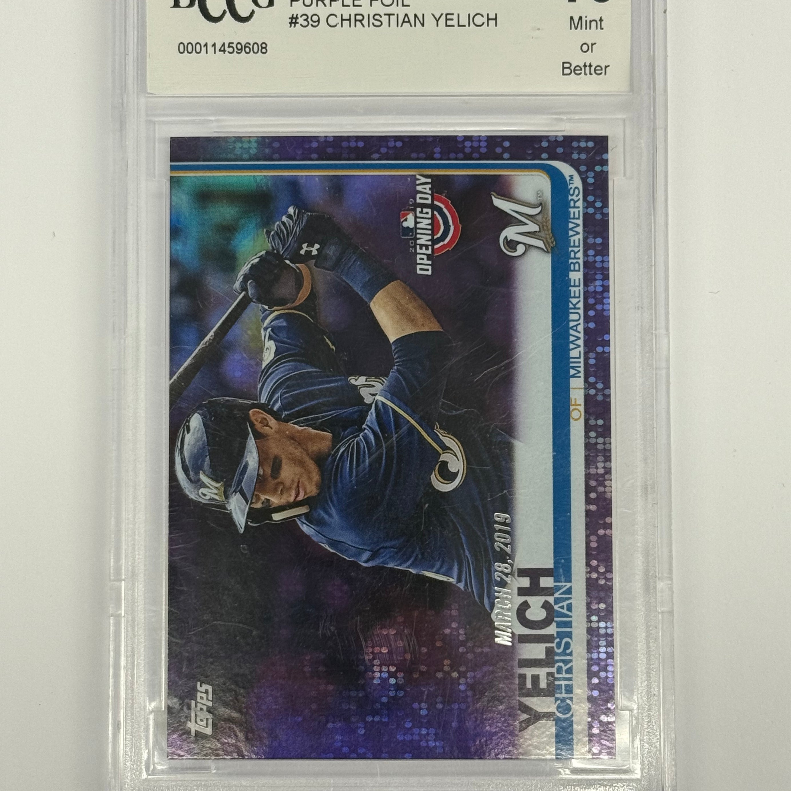 2019 Topps Opening Day BCCG 10 Mint Or Better Christian Yelich #39 Purple Foil