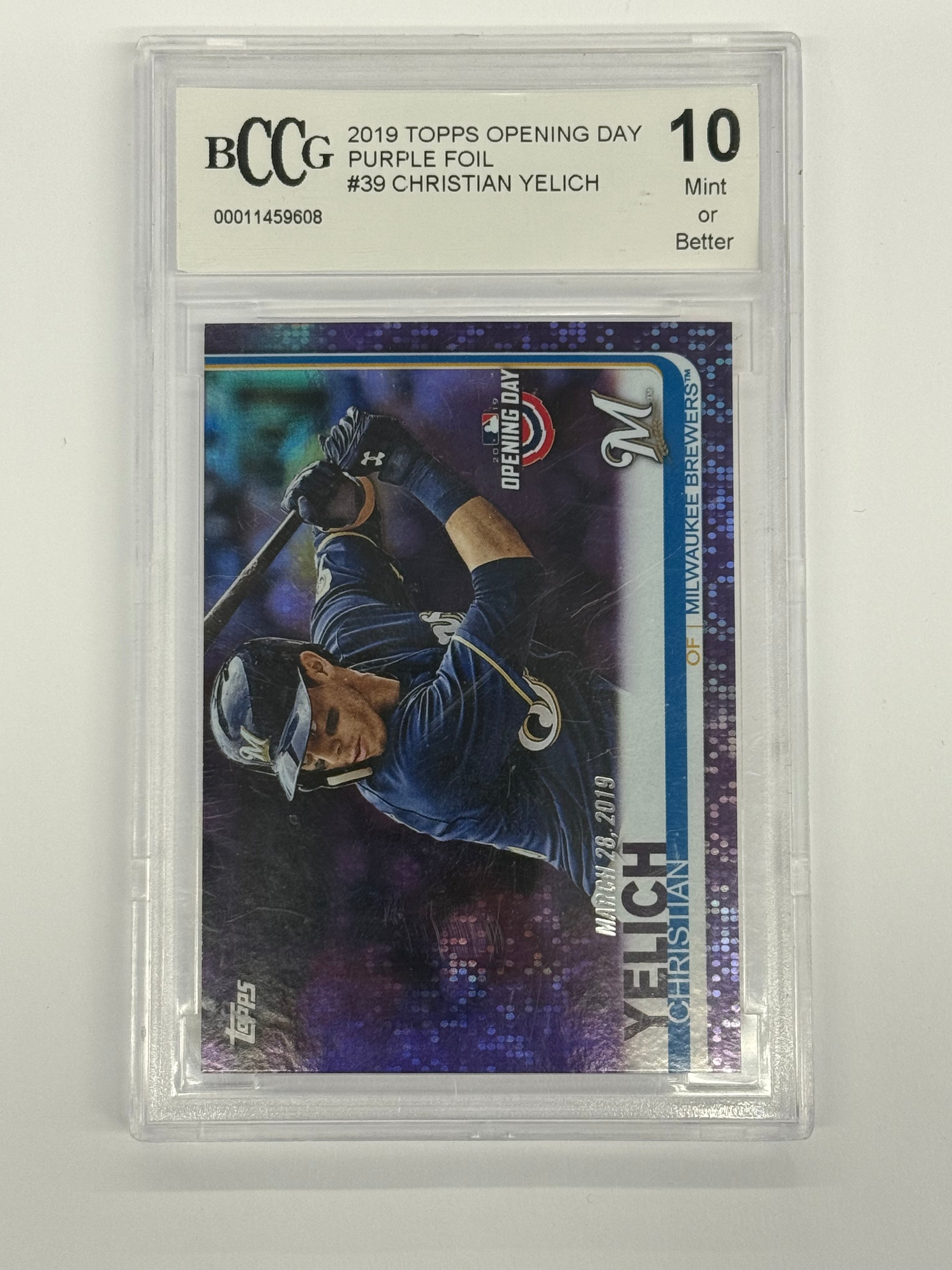 2019 Topps Opening Day BCCG 10 Mint Or Better Christian Yelich #39 Purple Foil
