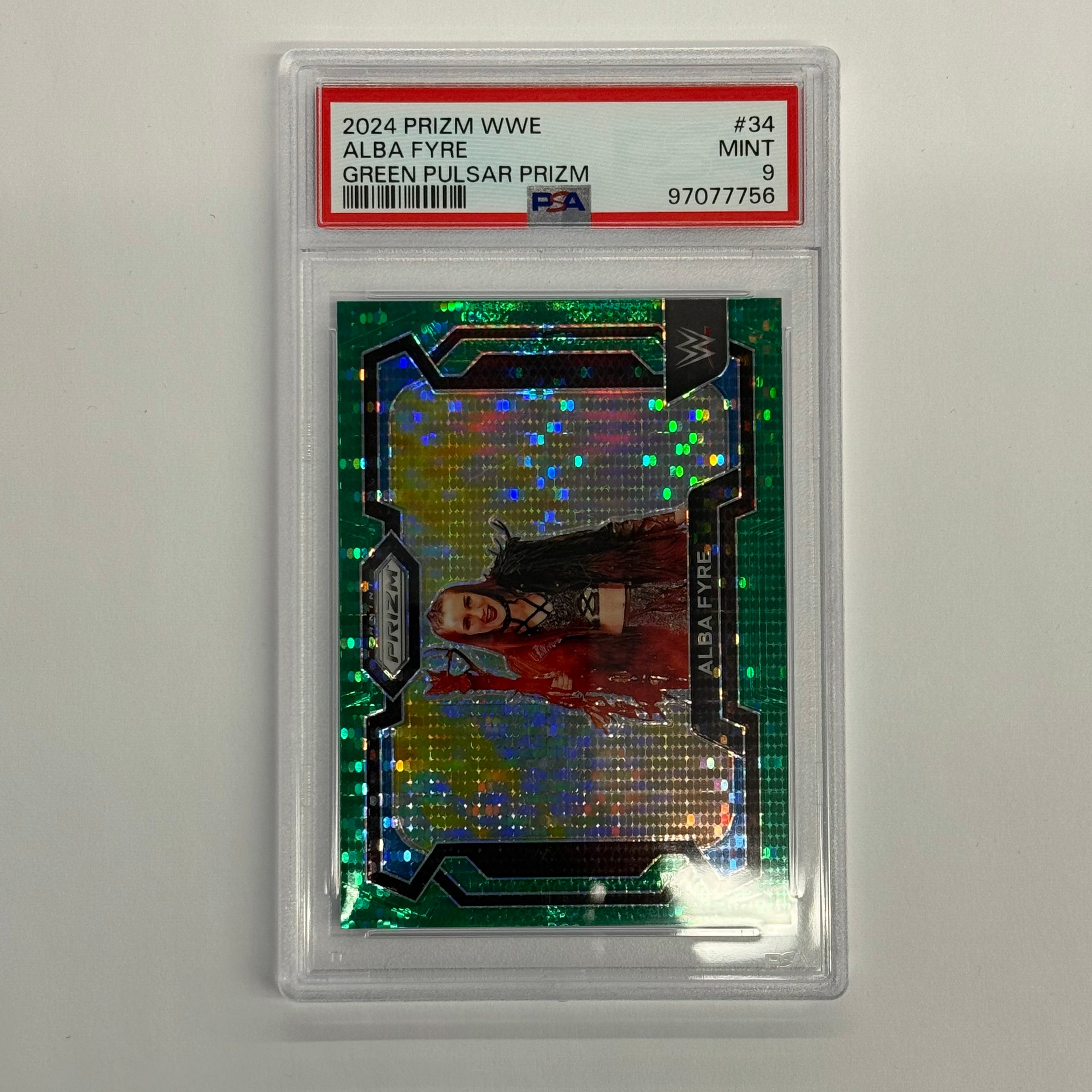 2024 Panini Prizm WWE PSA 9 MINT Alba Fyre #34 Green Pulsar Prizm Numbered 07/25