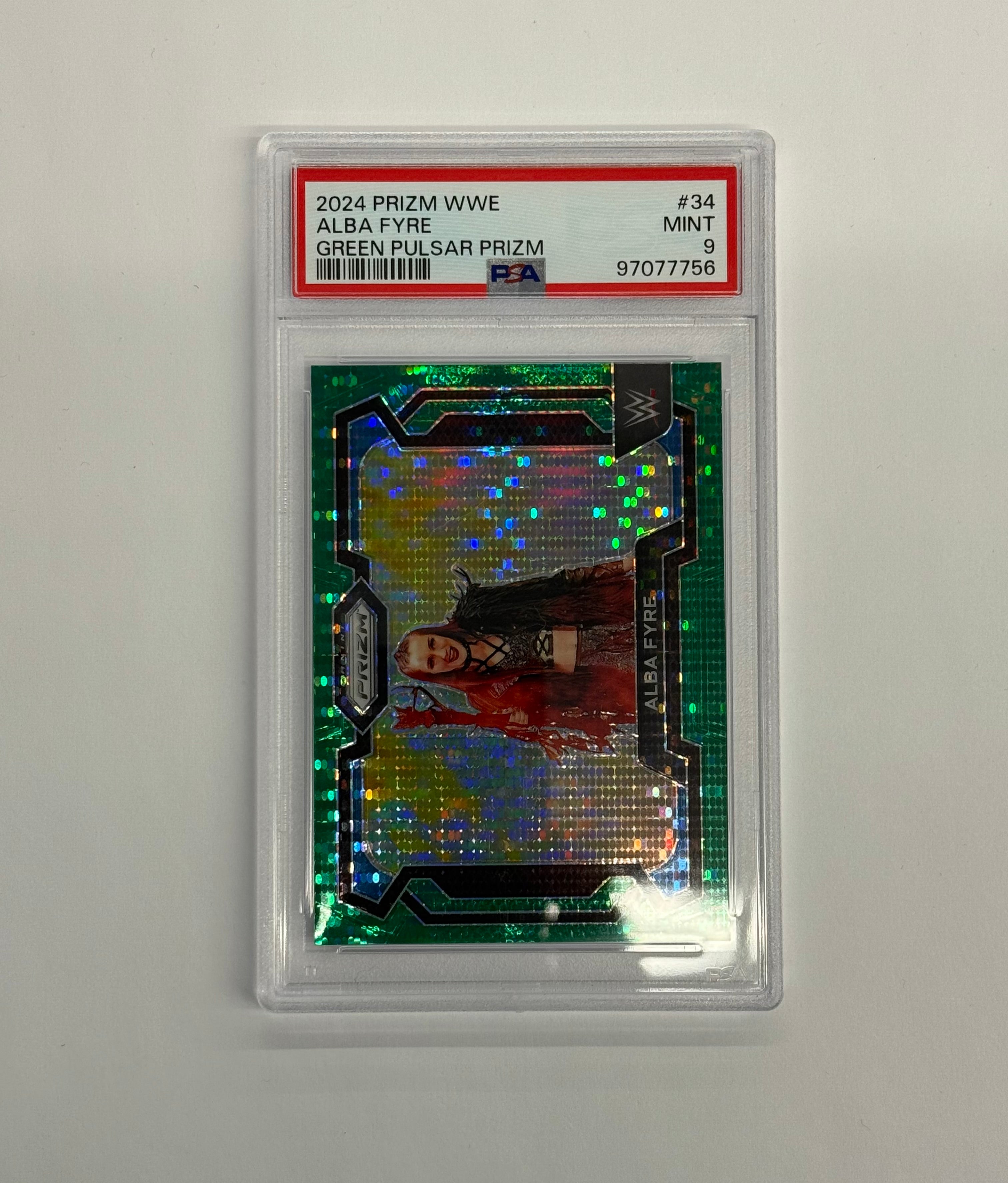 2024 Panini Prizm WWE PSA 9 MINT Alba Fyre #34 Green Pulsar Prizm Numbered 07/25
