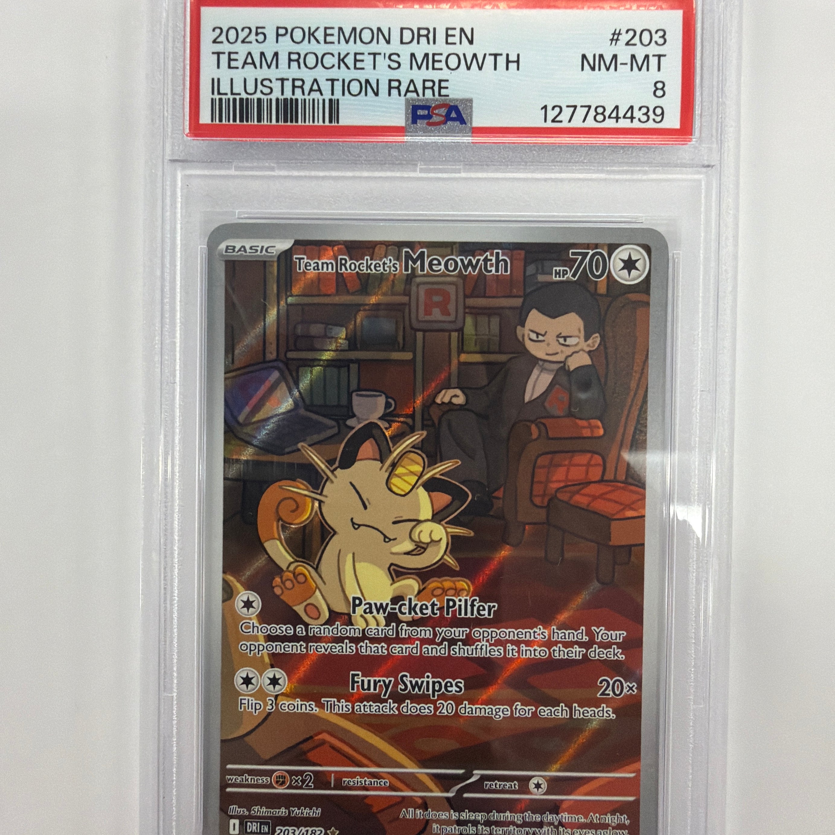 Pokémon TCG - PSA NM-MT 8 Destined Rivals Team Rocket's Meowth 203/182 Illustration Rare