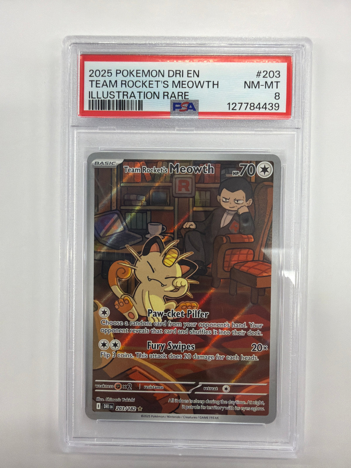 Pokémon TCG - PSA NM-MT 8 Destined Rivals Team Rocket's Meowth 203/182 Illustration Rare