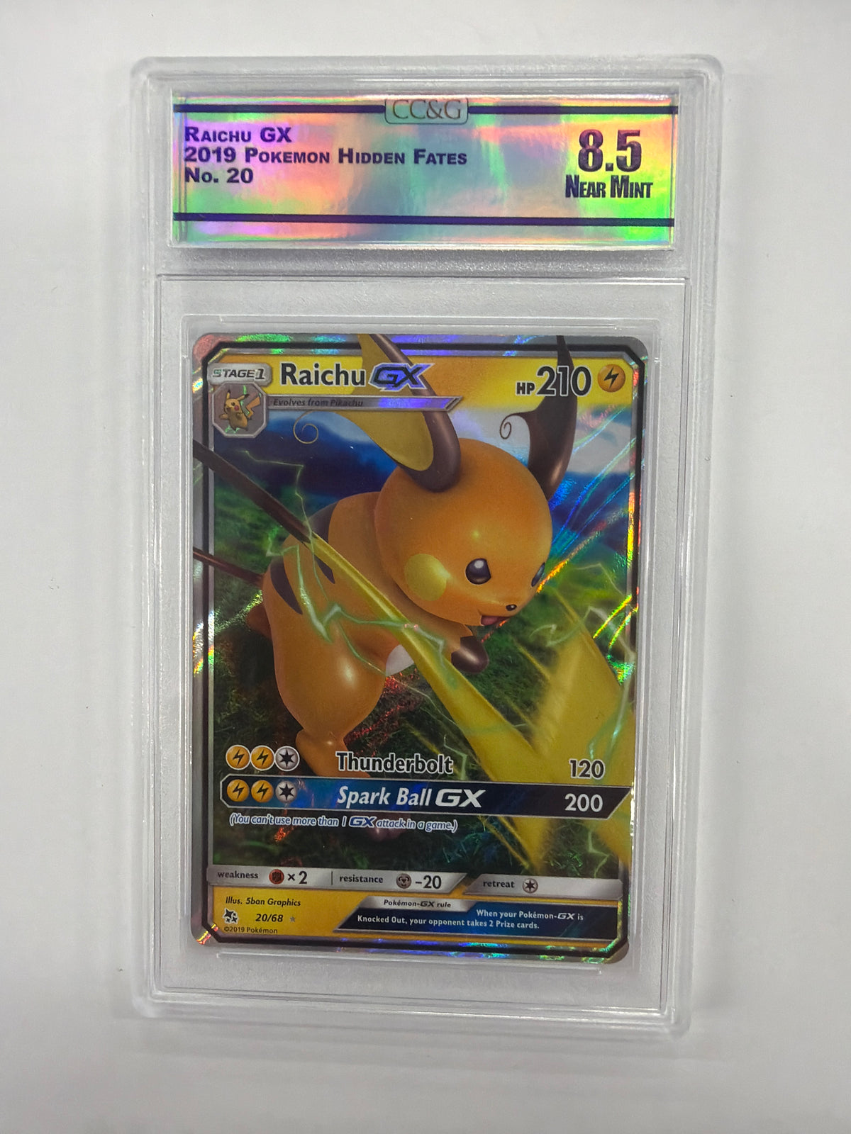 Pokémon TCG - CC&G Near Mint 8.5 Hidden Fates Raichu GX 20/68