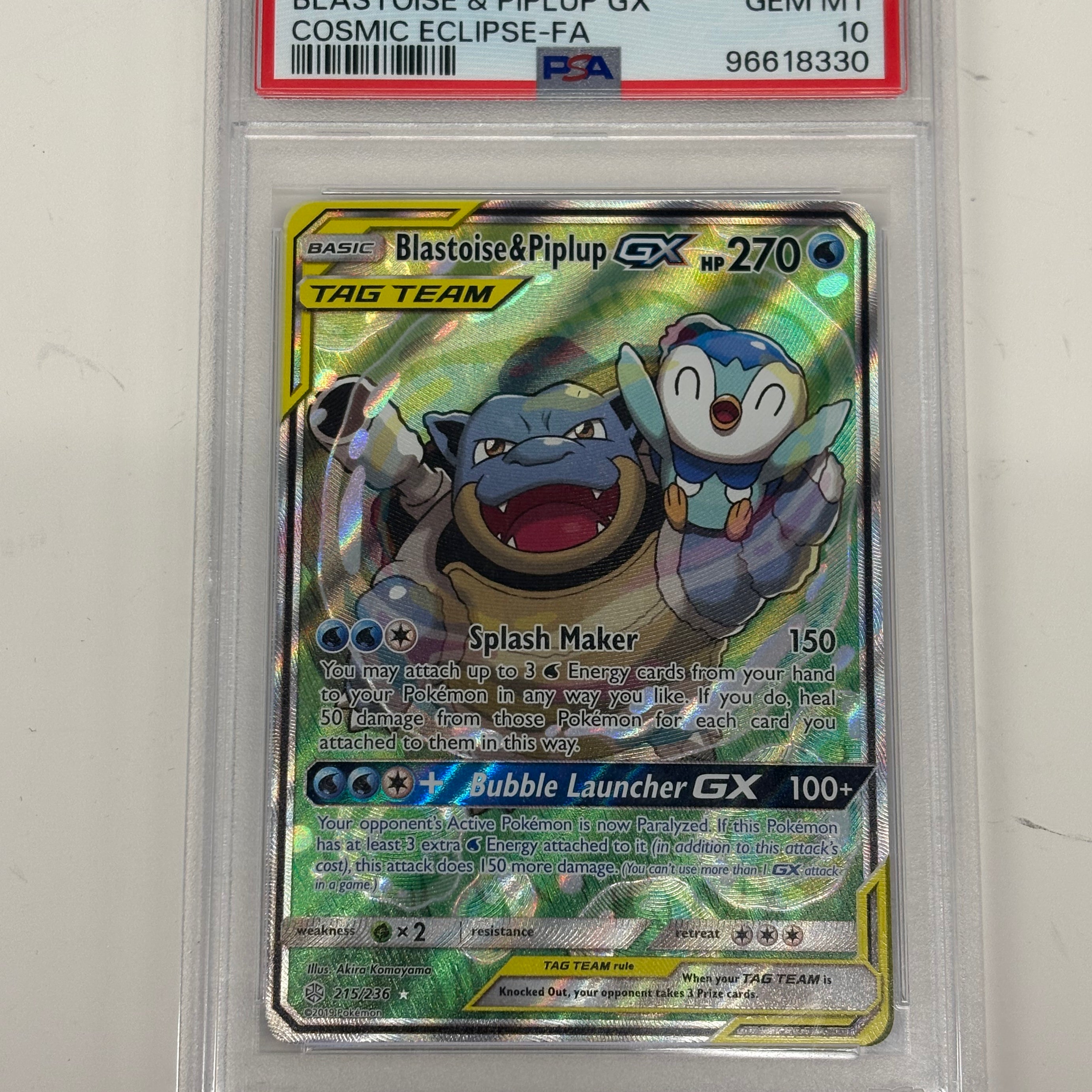 Pokémon TCG - PSA GEM MT 10 Cosmic Eclipse Blastoise & Piplup GX 215/236 Full Art