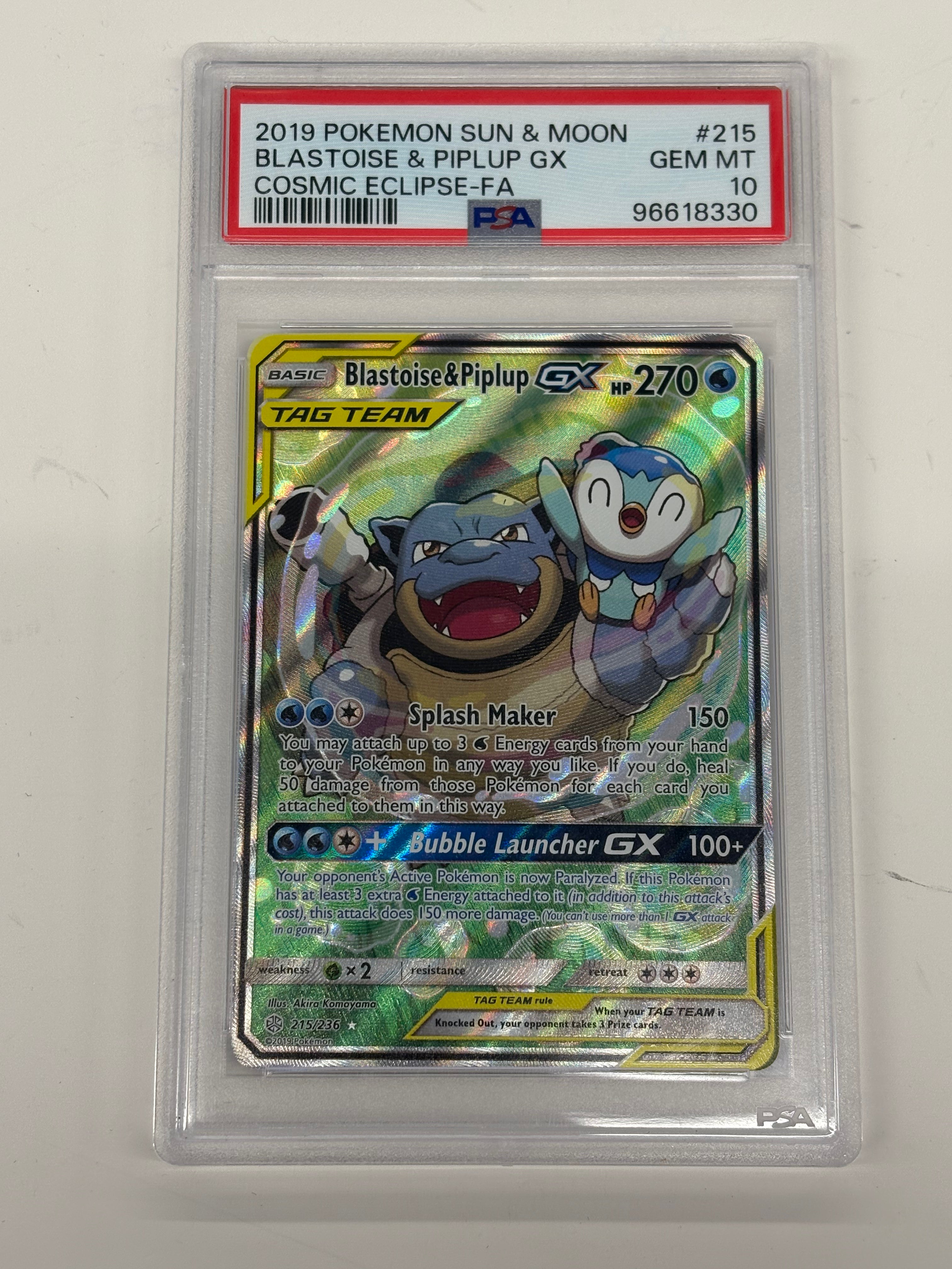 Pokémon TCG - PSA GEM MT 10 Cosmic Eclipse Blastoise & Piplup GX 215/236 Full Art