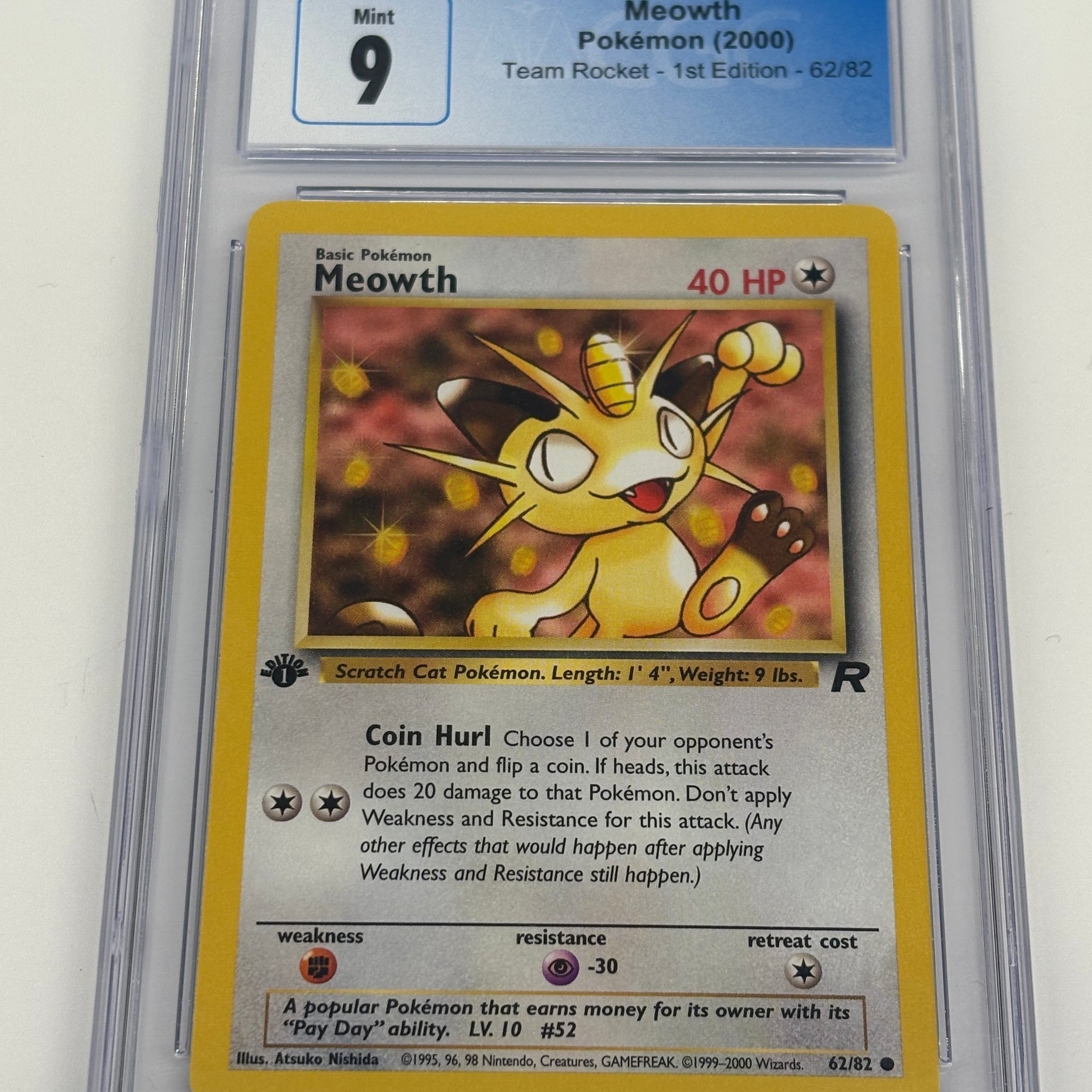 Pokémon TCG - CGC MINT 9 Team Rocket 1st Edition Meowth 62/82