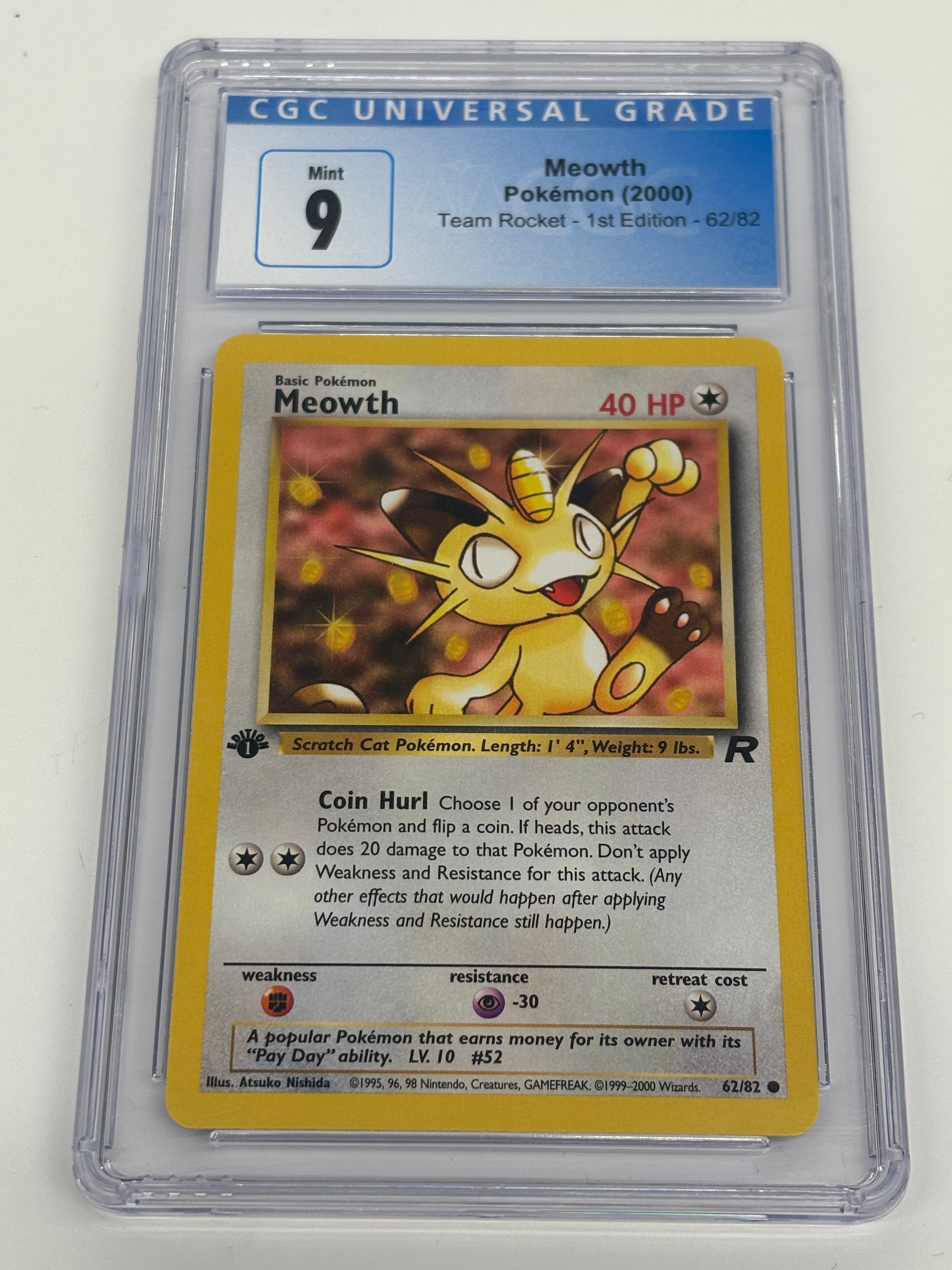Pokémon TCG - CGC MINT 9 Team Rocket 1st Edition Meowth 62/82