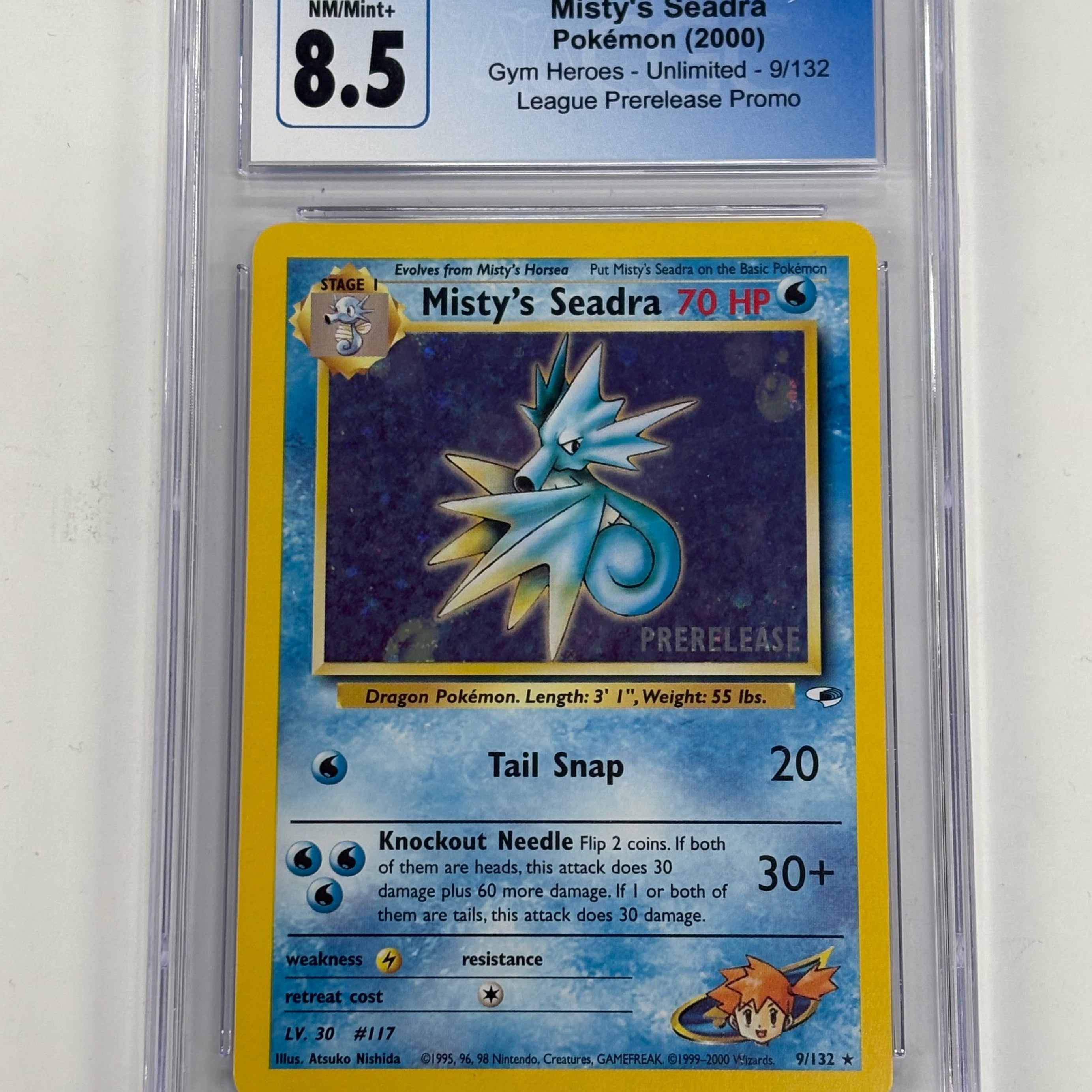 Pokémon TCG - CGC NM/Mint+ 8.5 Gym Heroes Unlimited Misty’s Seadra 9/132 League Prerelease Promo