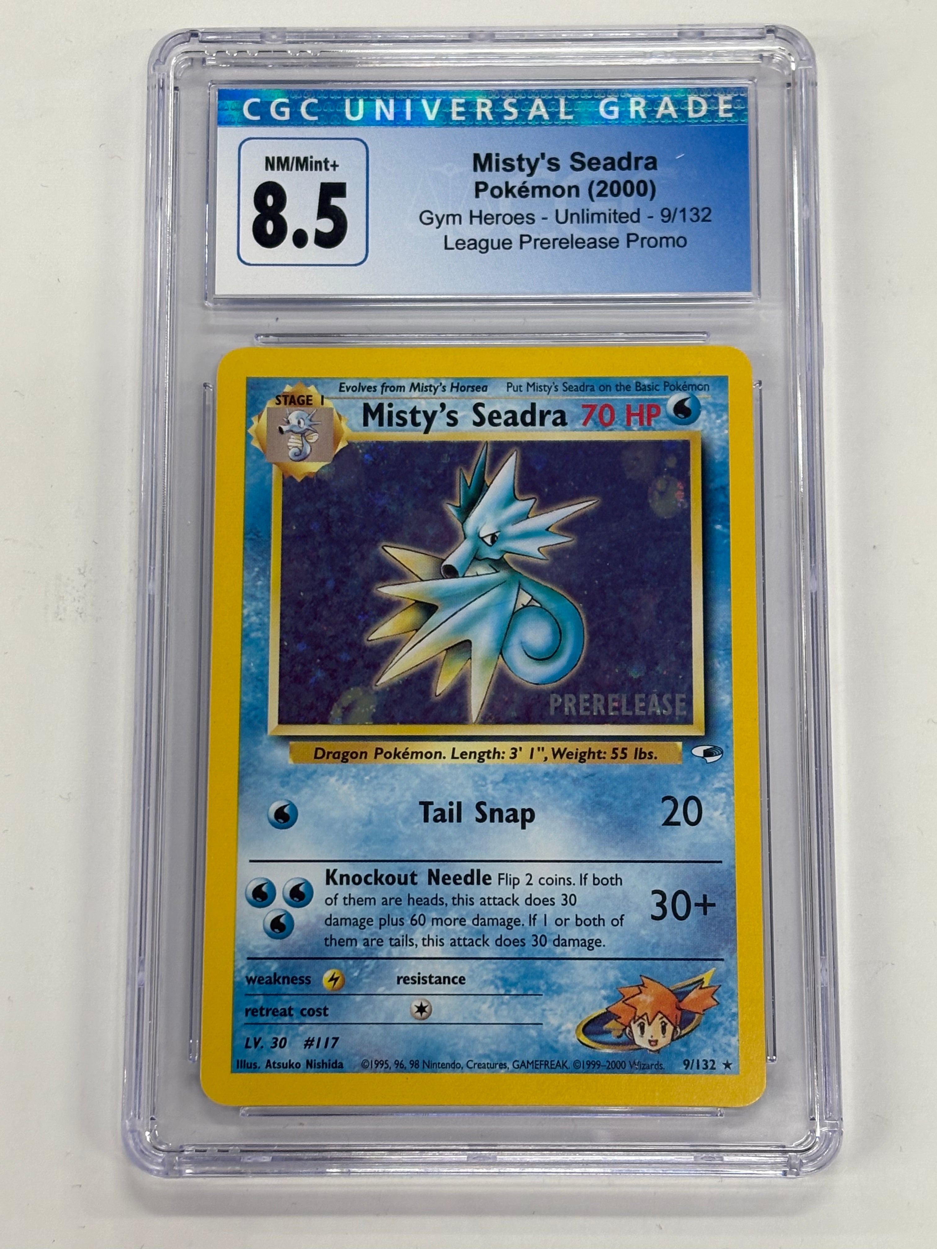 Pokémon TCG - CGC NM/Mint+ 8.5 Gym Heroes Unlimited Misty’s Seadra 9/132 League Prerelease Promo