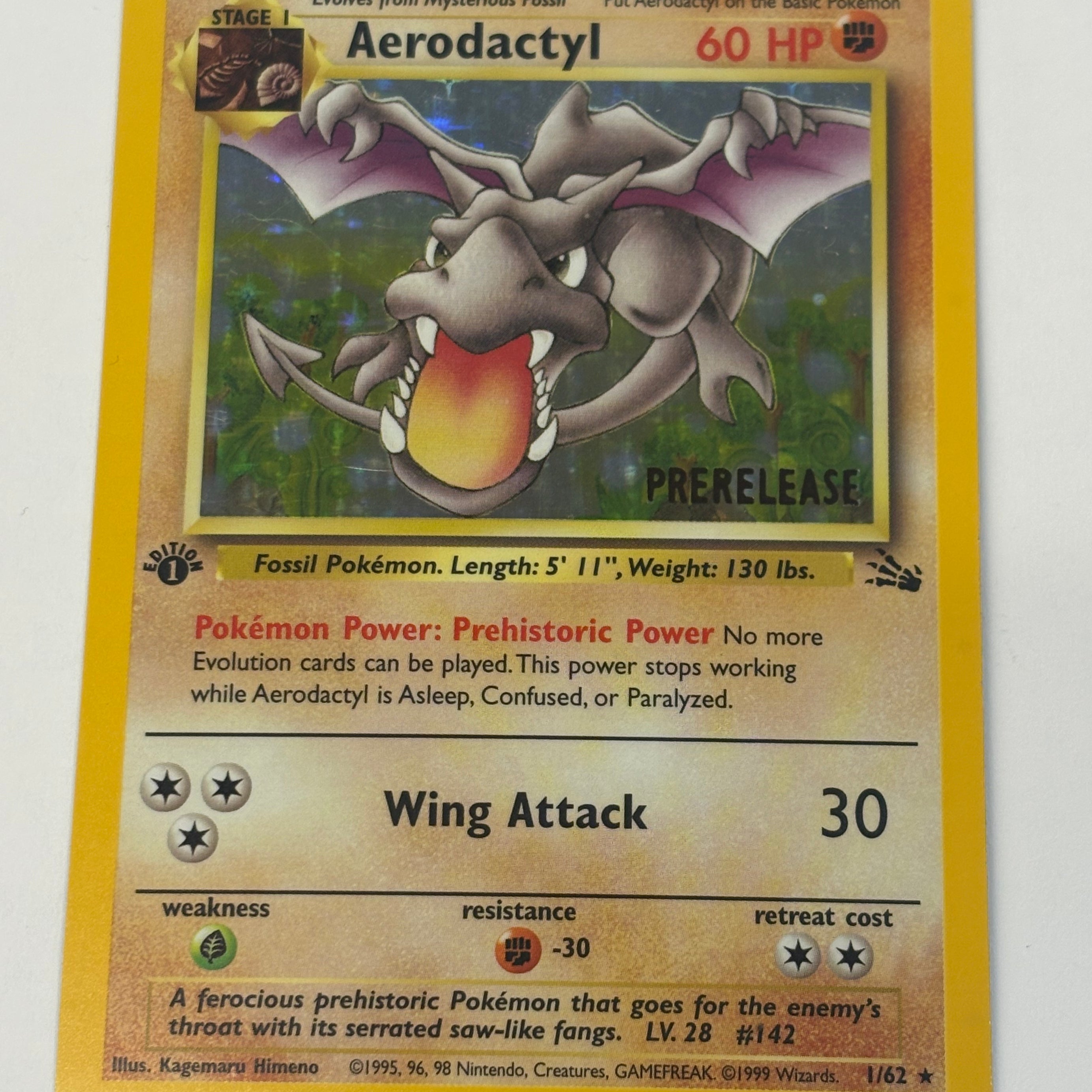 Pokémon TCG - Fossil 1st Edition Aerodactyl Holo (Prerelease Stamped) 1/62 NM