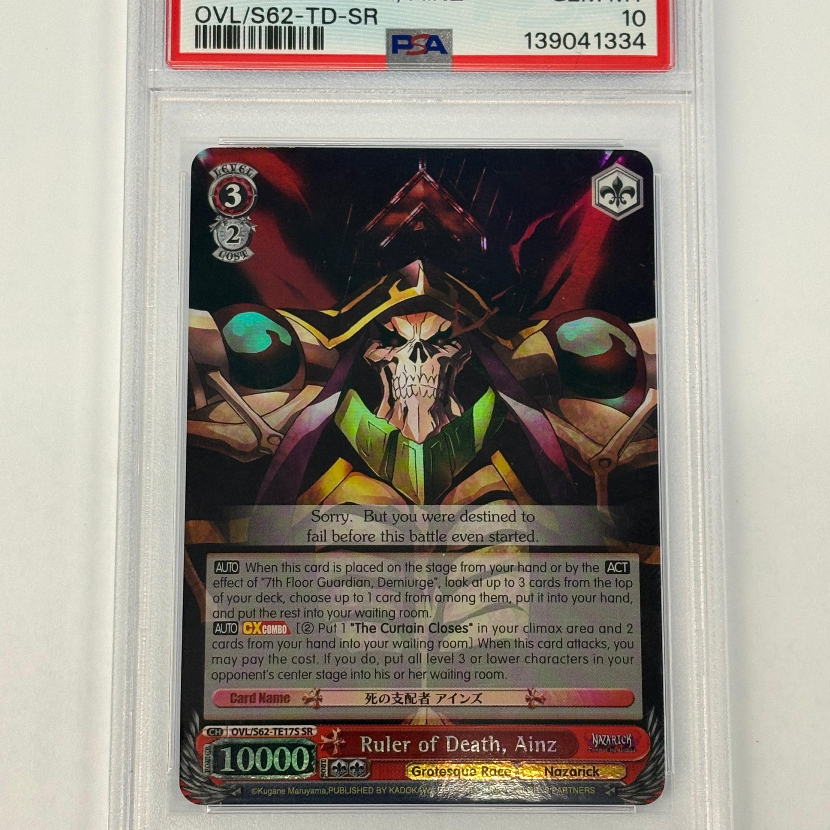 Weiss Schwarz TCG - PSA GEM MT 10 Nazarick: Tomb of the Undead Ruler of Death, Ainz OVL/S62-TE17S NM Super Rare