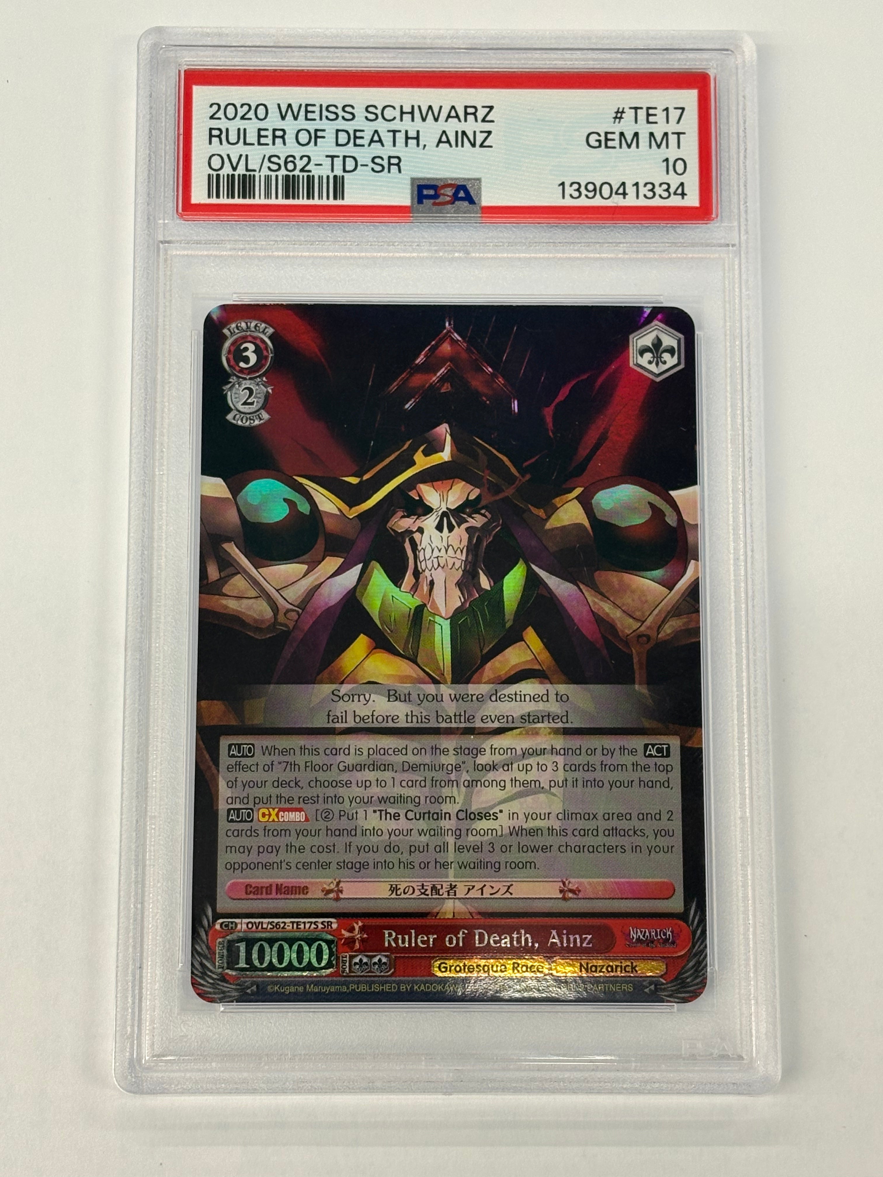 Weiss Schwarz TCG - PSA GEM MT 10 Nazarick: Tomb of the Undead Ruler of Death, Ainz OVL/S62-TE17S NM Super Rare