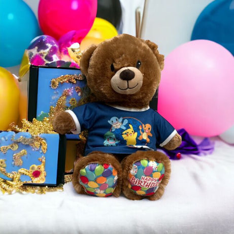 Build-a-Bear Plush Happy Birthday Bear with Pokémon Party T-Shirt